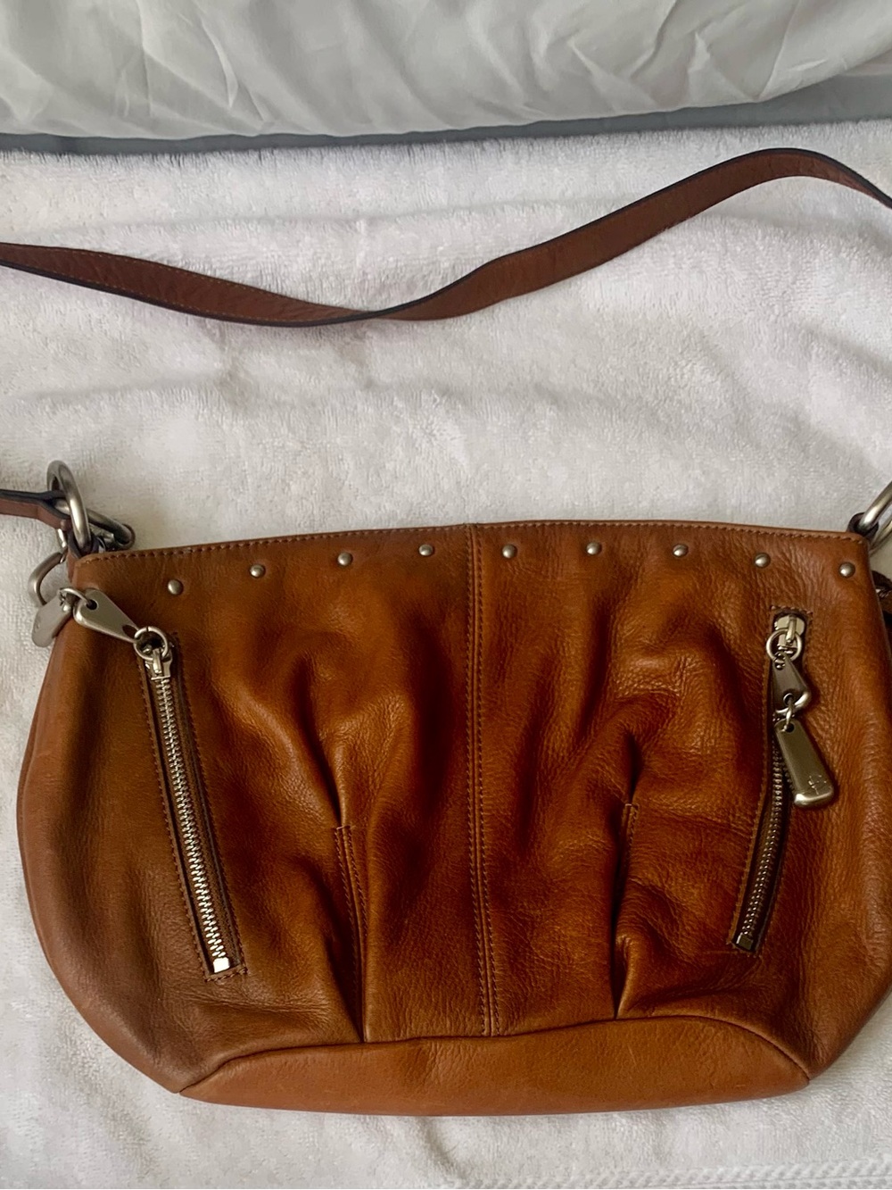 b. makowsky Tan-Brown Leather Shoulder Bag with Studs and Front Zips